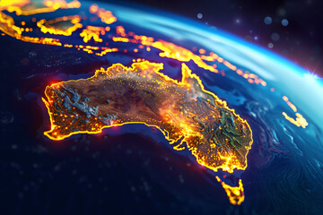 Satellite view of Earth globe from space, lights by night, Australia abstract digital map