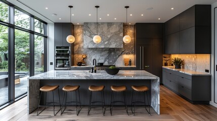 Canvas Print - Transform your kitchen into a stylish culinary haven with matte black finishes, marble accents, and geometric pendant lighting for a