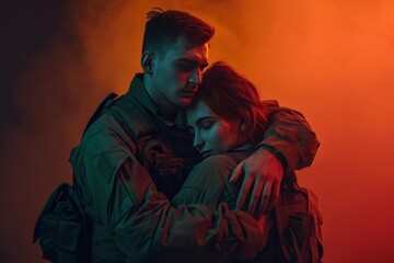 Two soldiers, a man and a woman hugging while wearing military on a dark background.