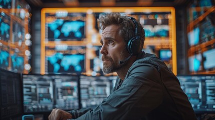 Fototapete - a man wearing a headset sits in front of a computer, surrounded by screens displaying data in a data