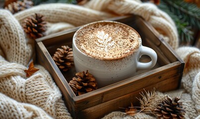 Wall Mural - autumn mood concept flat lay knitted sweater hot coffee cup wooden box, pine cones, candle wheat on white background hygge cozy home desk table.image