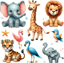  set of cartoon african animals . cute baby elephant, giraffe, lion, flamingo, tiger, tropical bird