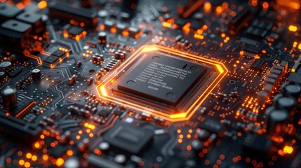 Leinwandbilder - A close-up image of a computer chip, illuminated with orange light, set within a circuit board. The image captures the intricate details of the chips circuitry.