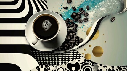 Wall Mural - A coffee cup rests on a plate, surrounded by coffee beans and abstract shapes