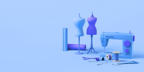 Wall Mural - Tailoring shop with mannequins, fabrics, thimbles and sewing machine. Sewing store. Copy space.  3D illustration.