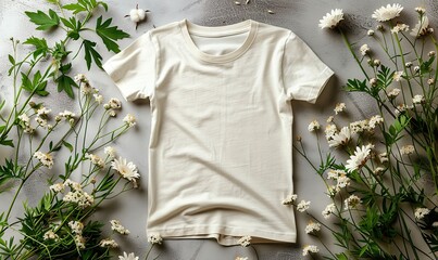 organic cotton t shirt, cotton flowers on white background flat lay top view eco clothing sustainable lifestyle fashion concept.stock photo