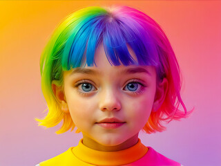 Girl with hair in rainbow colors on solid rainbow colors background