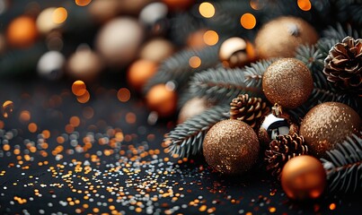 Wall Mural - christmas banner christmas tree branch decorated cooper, silver color balls on black background, confetti wide xmas banner mockup header flyer.image