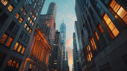 Aufkleber - A low-angle shot of skyscrapers and a street in downtown New York City at dusk, with the sun setting behind the buildings.