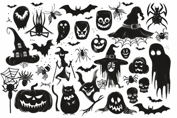 Collection of halloween silhouettes icon and character., witch, creepy and spooky elements for halloween decorations, silhouettes, sketch, icon, sticker. Hand drawn vector illustration - Vector