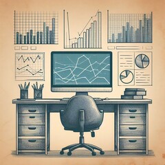 Poster - computer desk with a desktop monitor showing graphs and charts