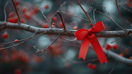 Red ribbon tied on tree branch symbolizing remembrance, hope, awareness and support fight for against aids