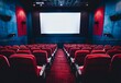 © VISUAL BACKGROUND - A movie theater with red seats and a screen.