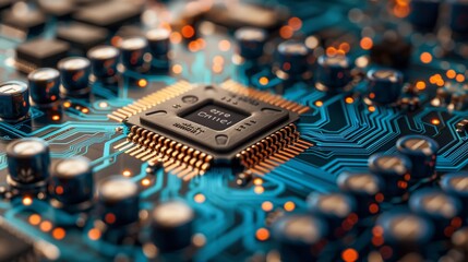 Poster - Close-up image of a microchip on a circuit board surrounded by capacitors and resistors, showcasing intricate details of the board design.