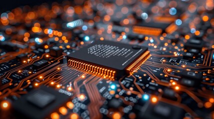 Poster - A close-up image of a processor chip on a circuit board, illuminated with orange light. The intricate circuitry is visible, showcasing the complexity of modern technology.