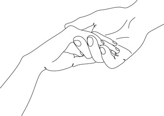 Wall Mural - Two hands holding a man and a woman together, line drawing. Concept of romantic relationship, support, help, promise, reconciliation