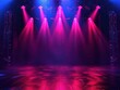 © Johannes - illustration of spotlights shine on stage floor in dark room, idea for background, backdrop, colorful lights Generative Ai