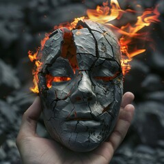 Wall Mural - A hand holding broken statue head, a stone mask with cracks on the face, in grey tones with contrast, large flames of fire in red and orange and yellow colors is burning the statue