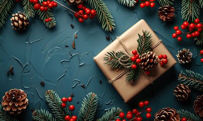 Wall Mural - christmas tree branch, red berries, gift box over blue xmas background flat lay top view copy space christmas banner mockup, copy space.stock image