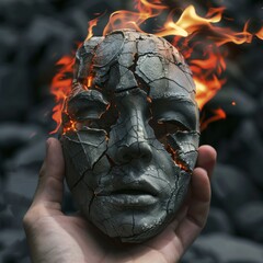 Wall Mural - A hand holding broken statue head, a stone mask with cracks on the face, in grey tones with contrast, large flames of fire in red and orange and yellow colors is burning the statue