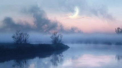 Sticker - Crescent moon over foggy river landscape