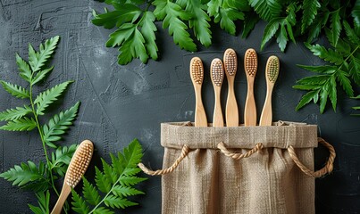 canvas fabric cloth shopping bag, natural bamboo toothbrushes, green leaves flat lay top view copy space eco shop web banner organic products zero waste plastic free concept.illustration