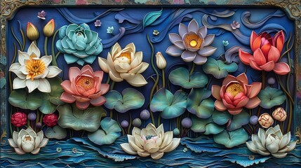 Wall Mural - Stunning Mosaic Artwork of Blooming Lotus Flowers