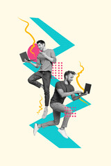 Poster - Trend artwork sketch image photo collage of business worker remote workspace coworking team two young man hold laptop jump type write