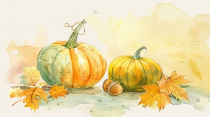 Sticker - Yellow and green pumpkins with yellow gradient leaves and acorns nearby