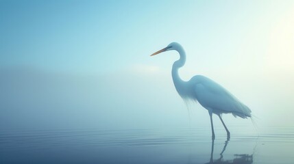 White egret with long black legs S shaped neck gazing ahead with orange beak and glowing underbelly against blue sky viewed from below