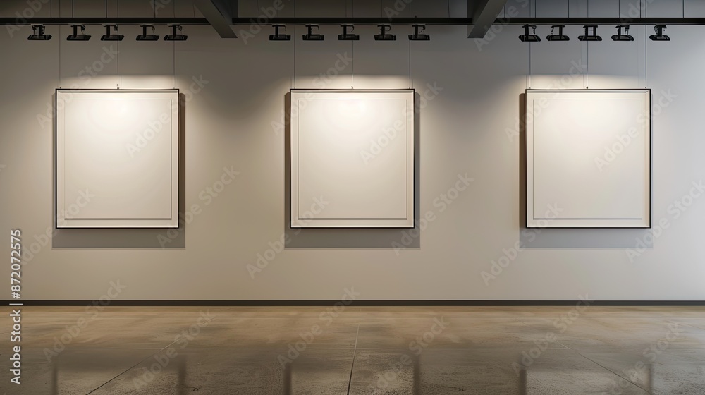 Three blank frames hanging on the wall of a contemporary art gallery ...