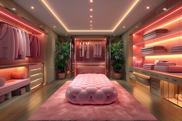 Wall Mural - Interior of spacious wardrobe in pink color in modern luxurious house.