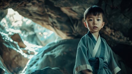 A young boy in a kimono standing in sandstone cave.