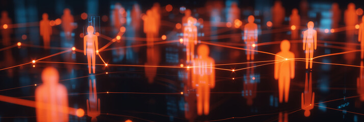 Poster - Network connecting glowing digital human body figures with data
