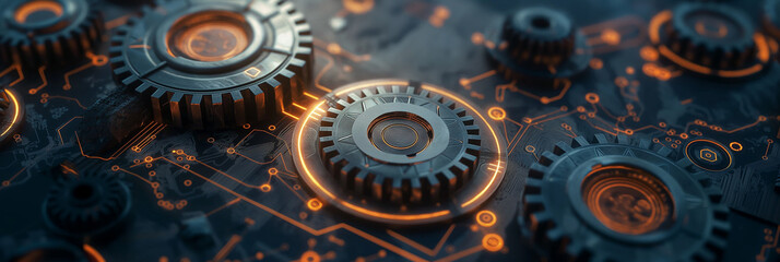 Poster - Orange glowing circuit board with gears turning showing technology