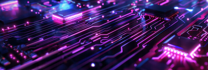 Fototapete - Futuristic circuit board glowing with neon lights in computer