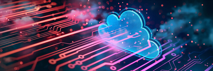 Poster - Cloud computing technology with blue cloud symbol appearing over motherboard
