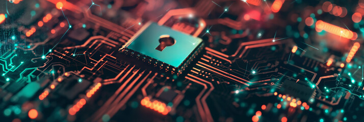Leinwandbilder - Cybersecurity concept, digital padlock protecting computer motherboard from cyber attacks
