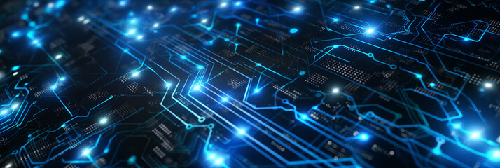 Poster - Electronic printed circuit board showing data processing with blue lights