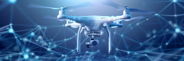 Poster - White drone hovering with futuristic network connection in background