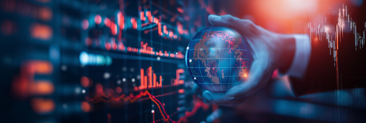 Leinwandbilder - Businessman holding globe with stock market data visualizations