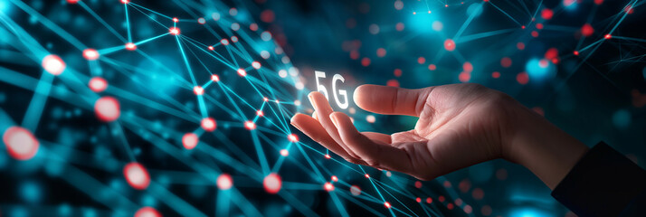 Poster - Businessman holding 5g symbol with global network connection lines