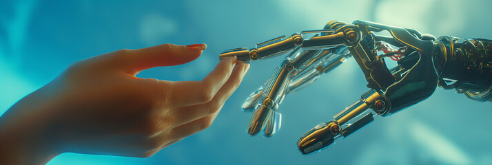 Poster - Human and robot hands touching in symbolic meeting