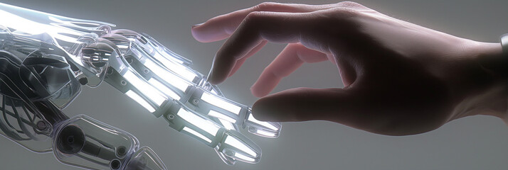 Fototapete - Transparent cyborg hand touching human hand with glowing fingers