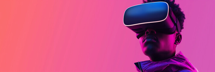 Poster - Young man exploring virtual reality using vr headset on gradient background