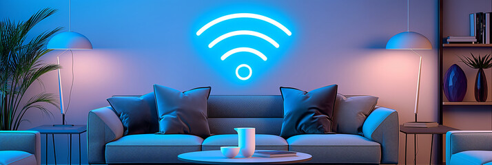 Poster - Neon blue wifi symbol shining above a sofa in a modern living room