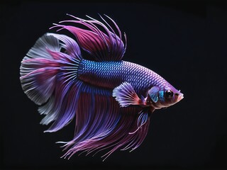 Wall Mural - Elegant true purple crown tail betta fish. Beautiful movement of Siamese fighting fish, Betta splendens, Halfmoon Betta isolated on black background.