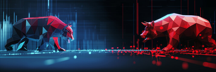 Poster - Bull and bear facing off symbolizing stock market volatility