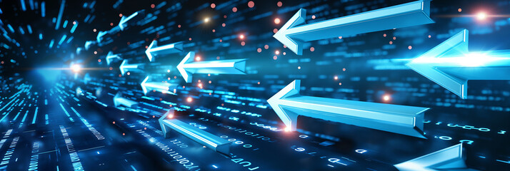 Poster - Blue arrows flowing through digital cyberspace representing data transfer