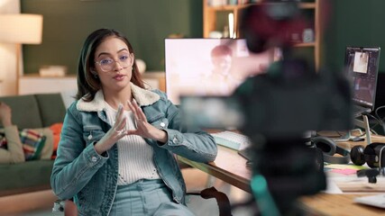 Poster - Influencer, woman and talking in studio, camera and live streaming of guide for video editing for subscribers. Online, girl and promotion of remote work, podcast and explain of pros and cons in web